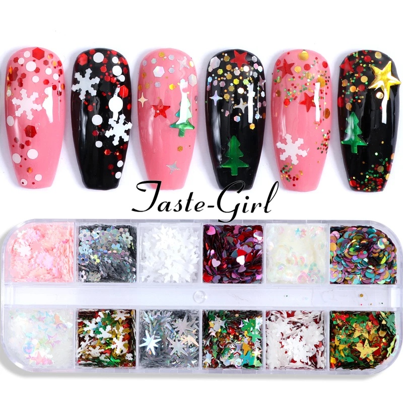 12 Grids 3D Snowflakes Christmas Tree Metal Sequins / Laser Glitter Christmas Nail Art Sequins / DIY Nail Art Tools / Professional Manicure Accessories