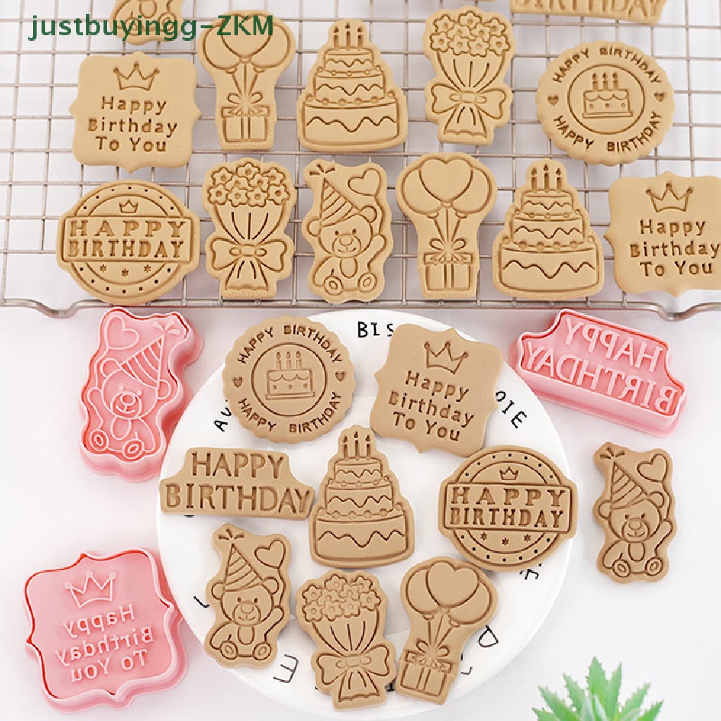 8pcs Cetakan Pemotong Kue Kering Biskuit 3D Bahan Plastik Dapat Ditekan Tema Ulang Tahun