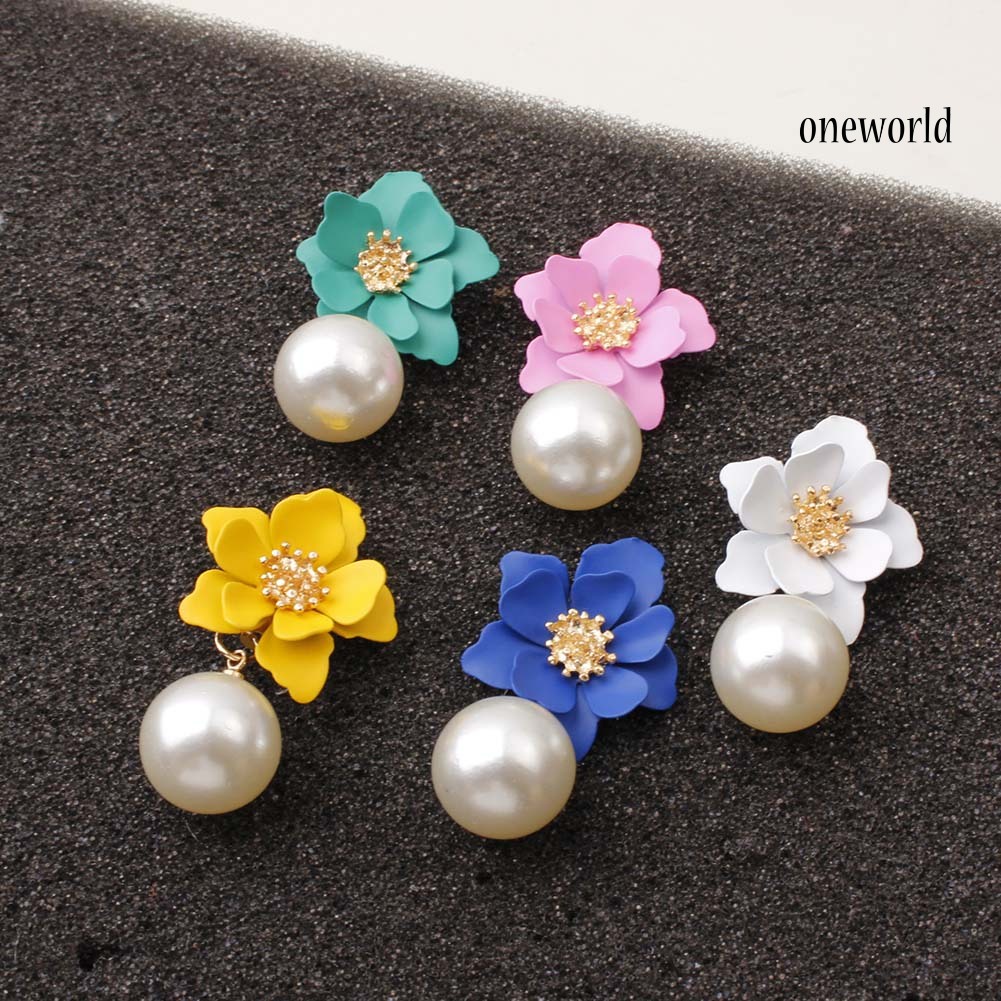 OW@ Sweet Women Faux Pearl Dangle Resin Flower Stud Earrings Summer Jewelry Gift