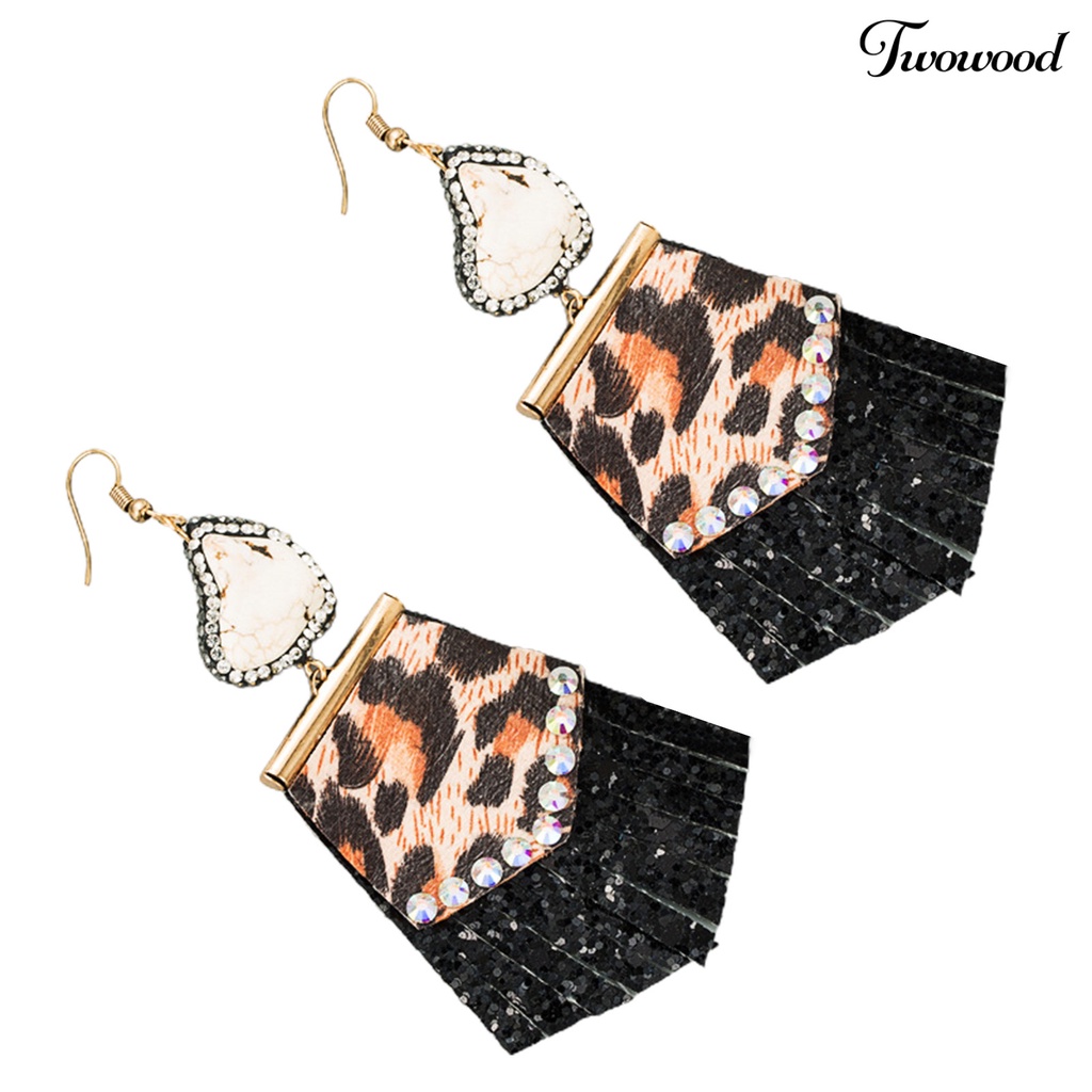 1 Pasang Anting Kait Rumbai Motif Print Leopard Bahan Kulit Tiruan Aksen Berlian Imitasi Untuk Wanita