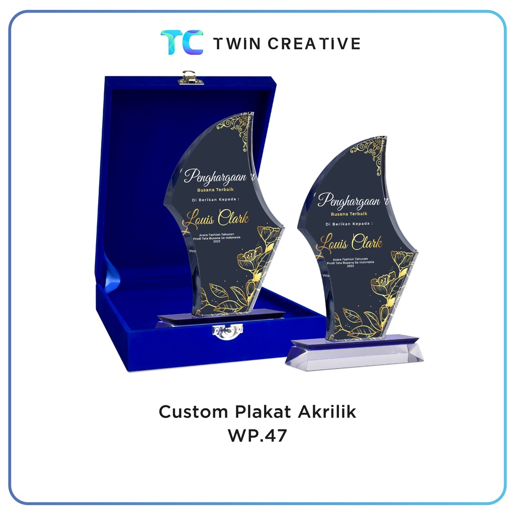 Plakat Akrilik Premium Piagam Penghargaan Piala Thropy Wisuda Free Box Bludru Biru - Plakat WP.47