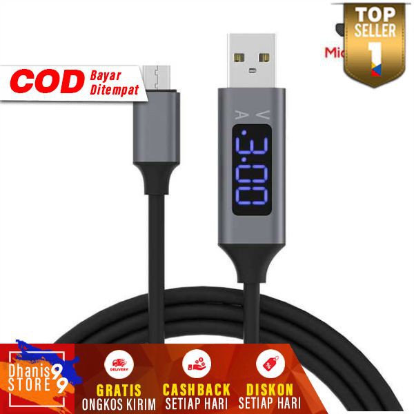 Kabel Charger Micro USB TPE 3A 1 Meter with Voltage Meter Murah Cable Charge HP Smartphone