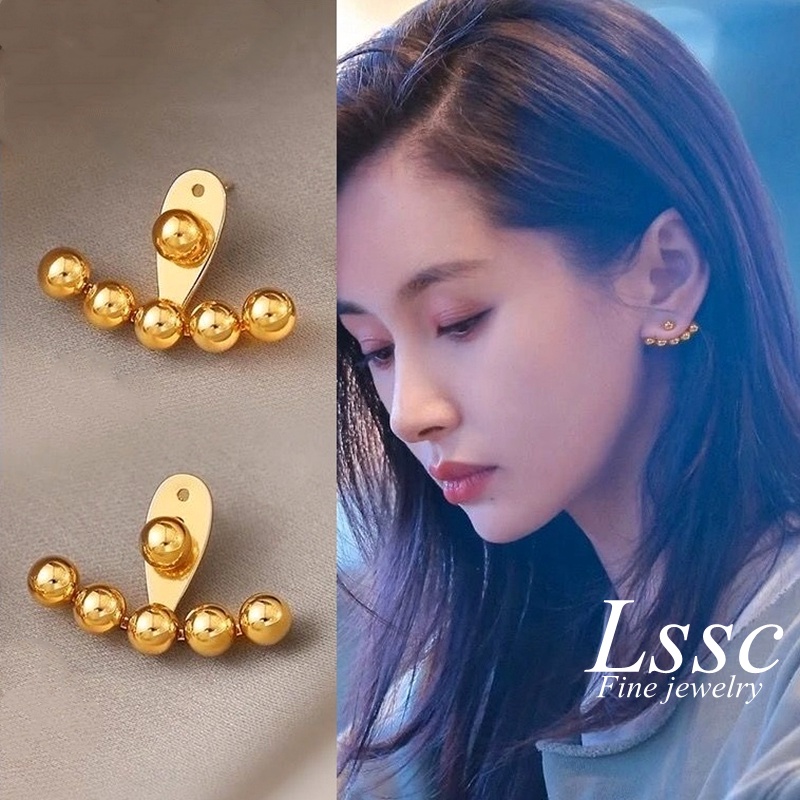 Anting Tusuk Titanium Manik-Manik Lapis Emas 18K Anti Karat Perhiasan Wanita Fashion Korea