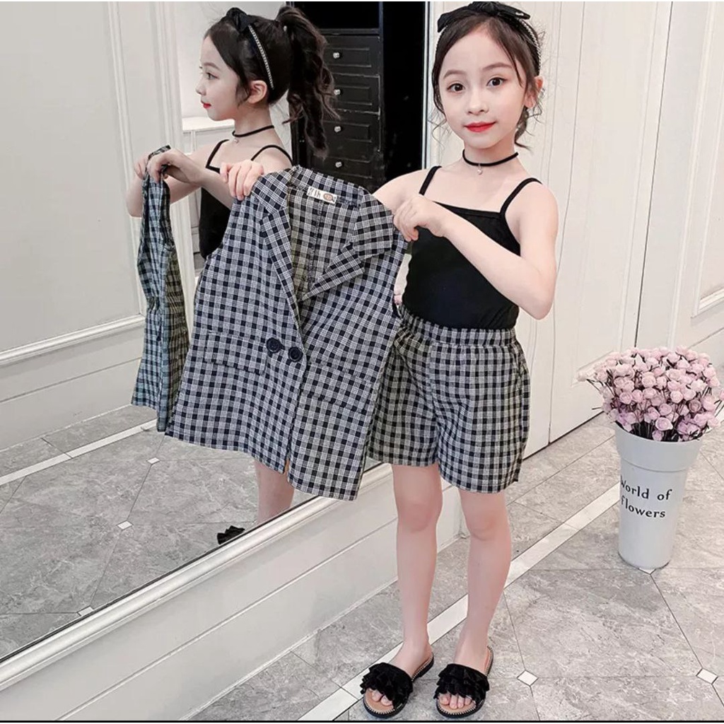 SETELAN BLAZER ANAK PEREMPUAN / SET JAS ANAK CEWEK USIA 5-8 tahun / St MLK 3in1 kid / Setelan pendek anak / Blazer anak set kotak kotak+ celana/ go girl