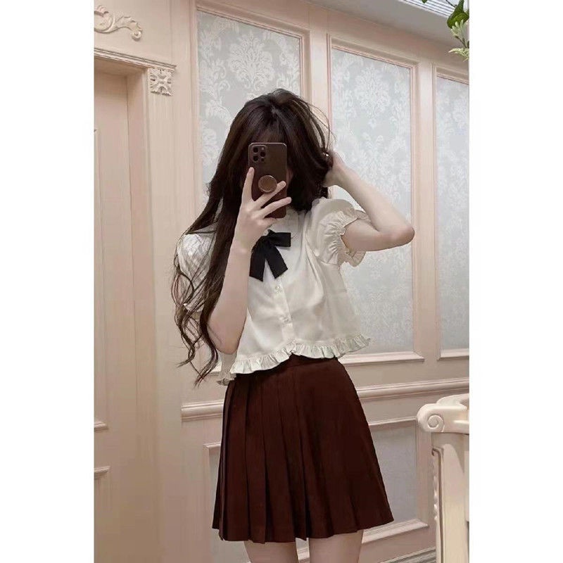 Red Summer College Wind Bubble Sleeve Putih Lengan Pendek Wanita Jepang Manis Dasar JK Shirt Mahasiswa Top