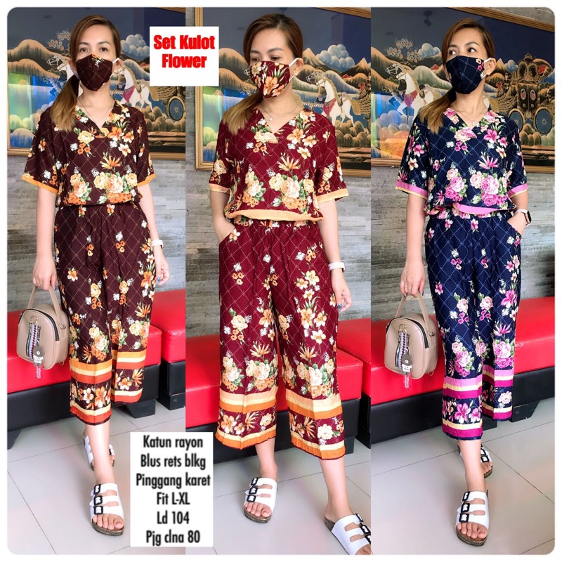 (Set kulot flower) Setelan Katun Rayon motif Bunga fit XL
