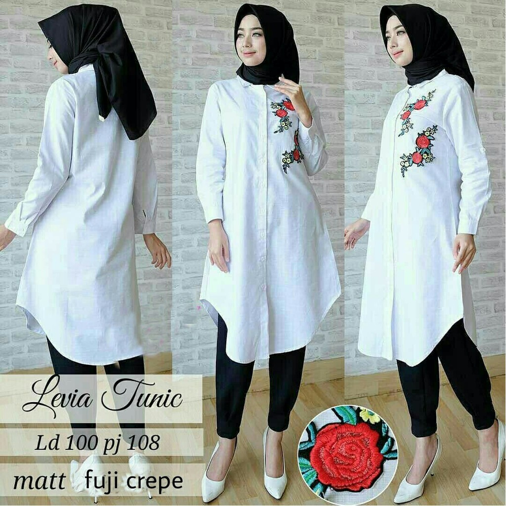 Levia tunik putih motif bunga asli