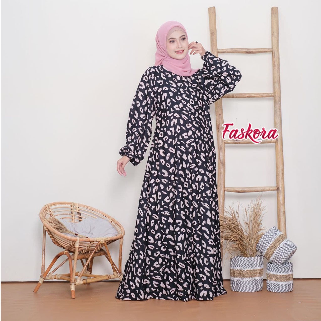 Gamis Motif Macan Terbaru Kekinian Dress Muslim Wanita Remaja Leopard