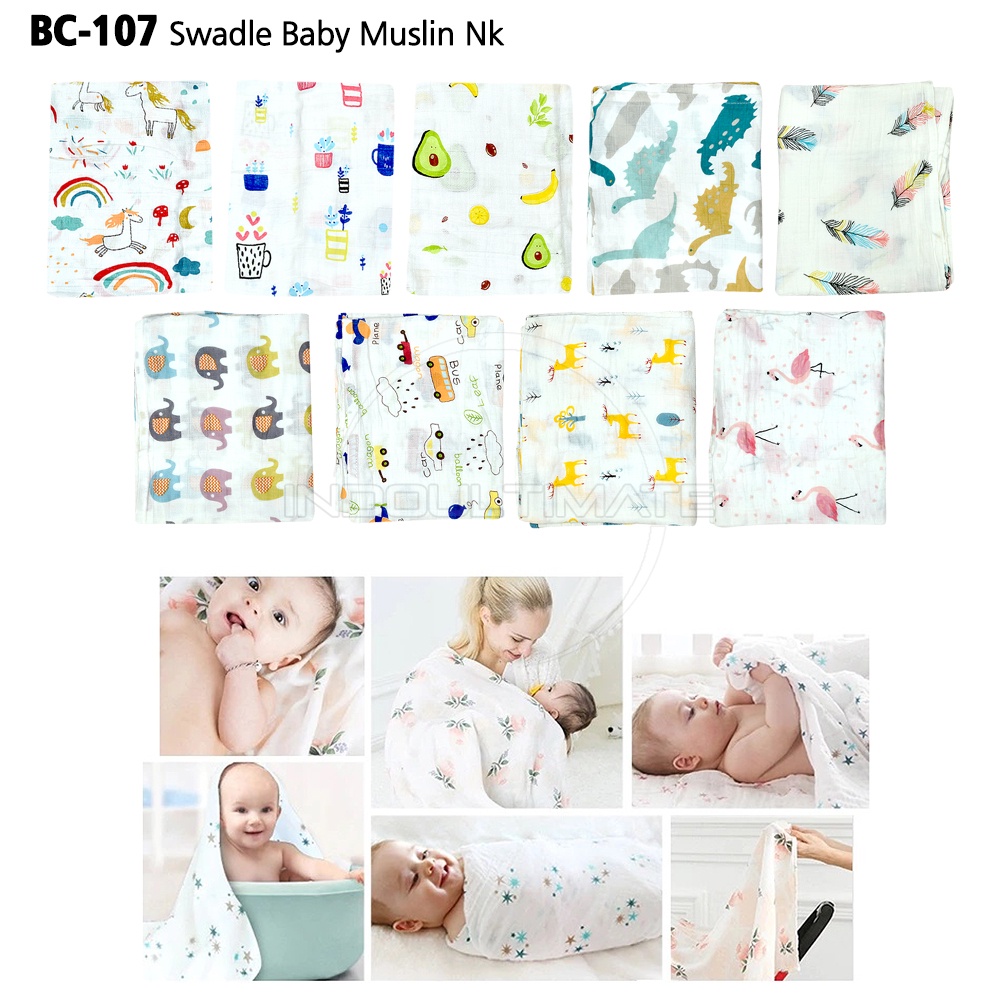 Selimut Kain Bedong Bayi Baru Lahir Muslin + FREE POUCH 100% BC-107 Katun Swaddle Baby New Born Perlengkapan Bayi