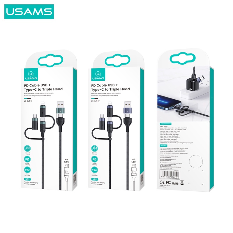 USAMS U62 Kabel Data PD Fast Charging USB + Type-C to Triple Head 1.2m