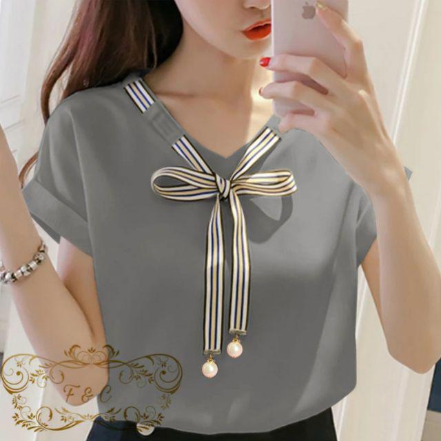 BISA COD - BLOUSE LAURA Blouse Korean Style Wanita Remaja Atasan Kaos Blouse Wanita Dewasa Lengan Pendek Bahan Balotelly-Abu