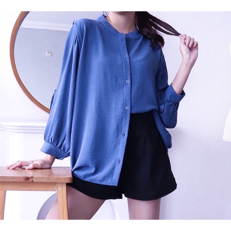 Aisa Blouse Crinkle Premium Kemeja Formal Kerja / Crinkle Blouse Shanghai-AISA BLUE DENIM