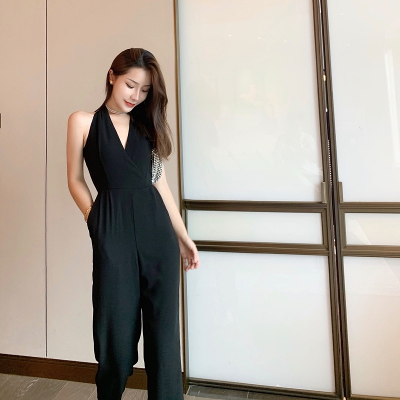 Korean Jumpsuit Black Sleeveless V-Neck Jumpsuit Hitam Tanpa Lengan 1288 (S/M/L)