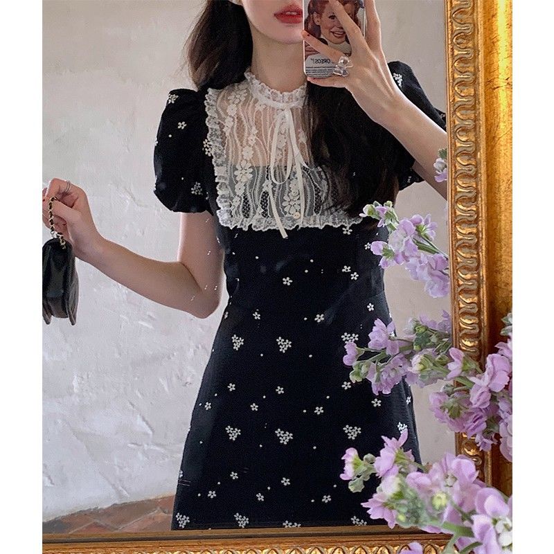 Penyambungan teh break French retro black floral dress wanita 2022 musim panas gaun hitam kecil gaya