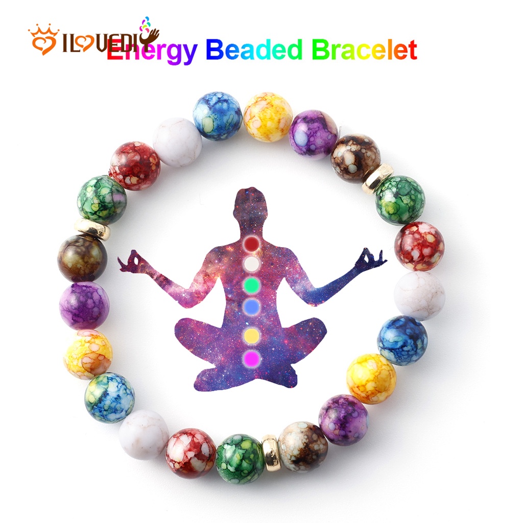 Gelang Manik-Manik Batu Vulkanik 7 Chakra Reiki Healing Balance Energi Dapat Disesuaikan Untuk Unisex