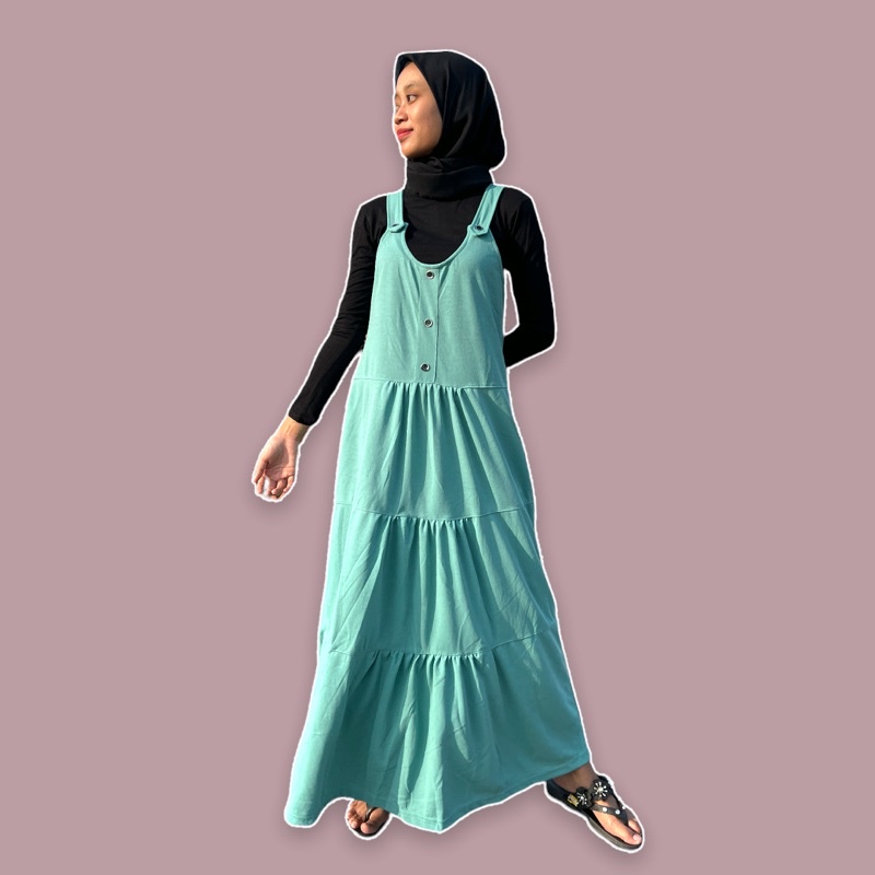 OVERALL PANJANG WANITA DEWASA BAWAH REMPEL BAJU OUTER TERUSAN MUSLIM ROK REMPEL KEKINIAN BAHAN VOXY MELAR MODEL KANCING