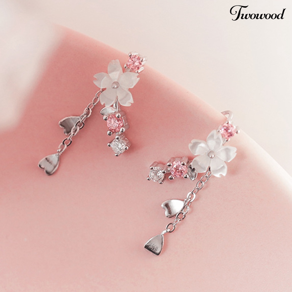 1 Pasang Anting Hook Berlian Imitasi Bentuk Hati Cherry Blossom Bahan Alloy Untuk Liburan