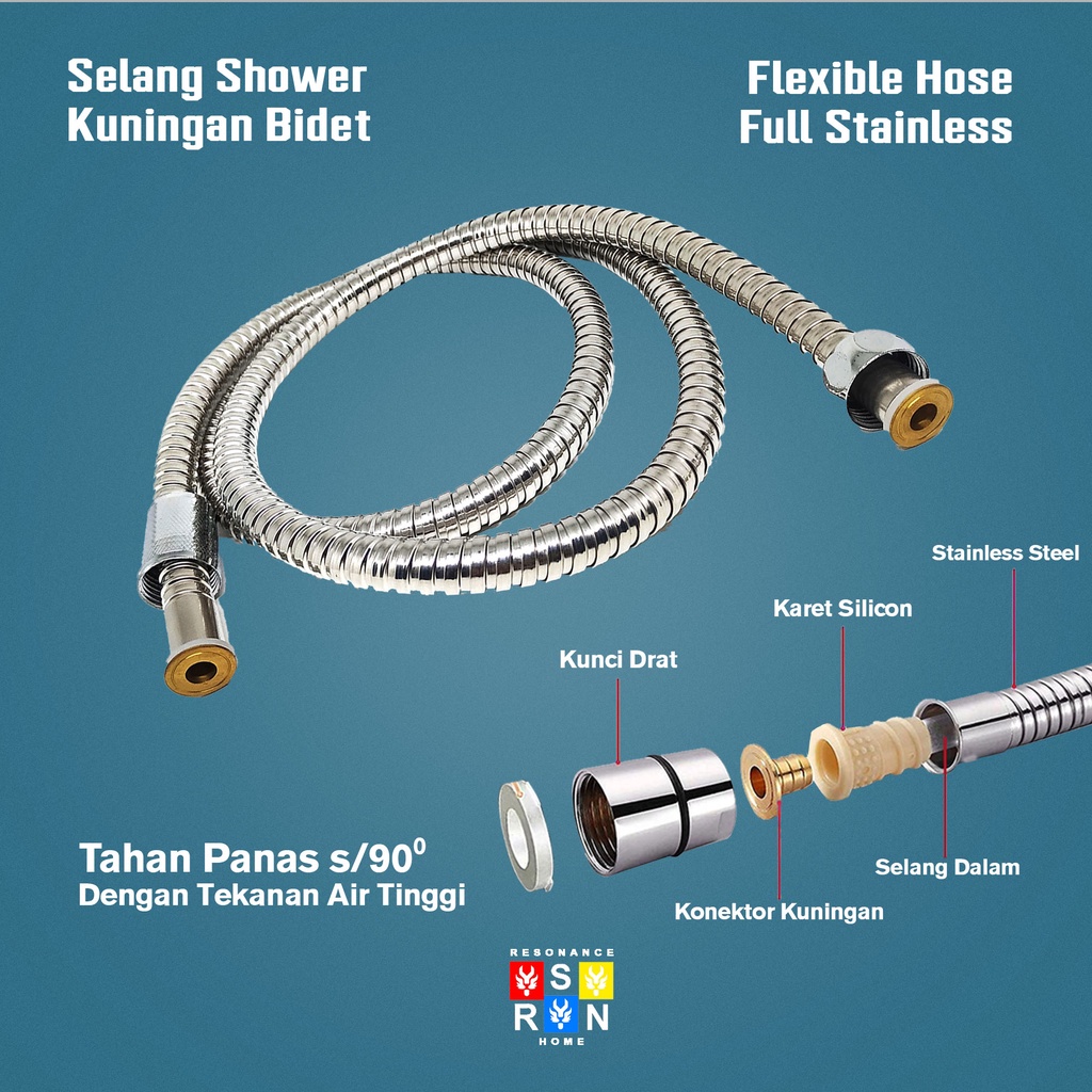 Selang Shower Kamar Mandi Ukuran 150CM Stainless Steel Kuningan Flexible dan Universal Resonance Home