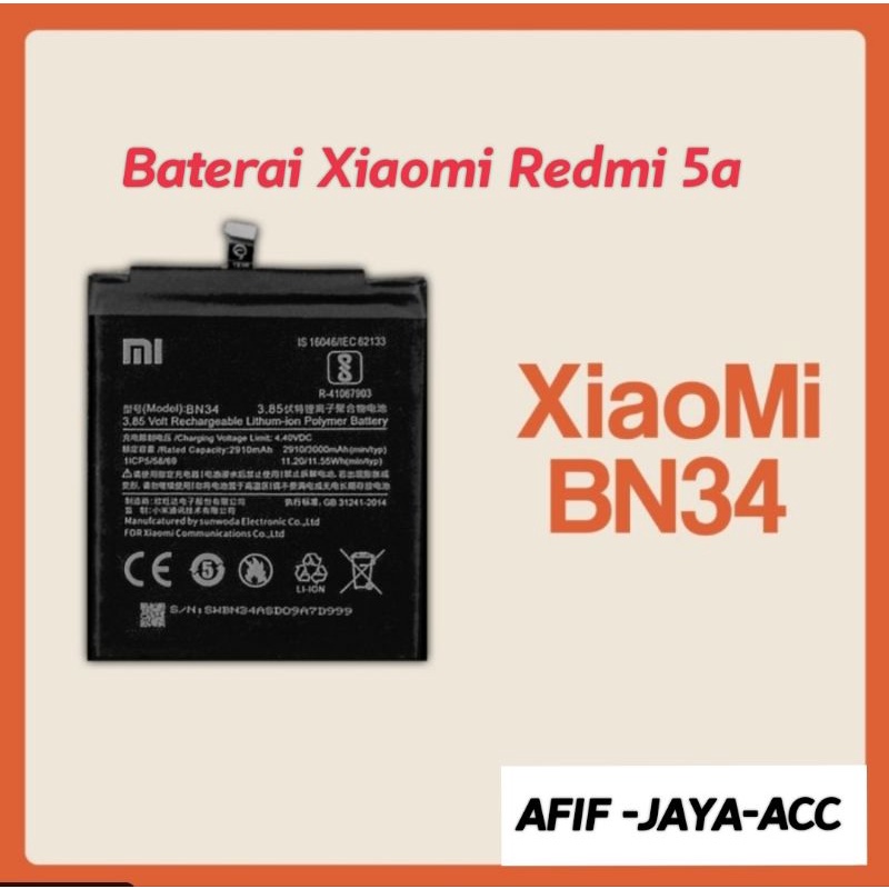 BATERAI/BATTRY TANAM XIAOMI REDMI 5A BN34 / BATRE XIAOMI REDMI 5A BN34 ORIGINAL 99%