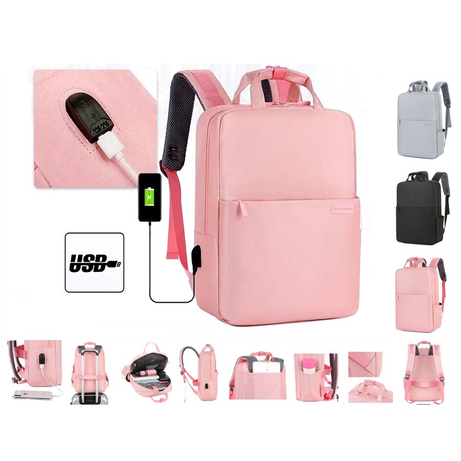 Tas Laptop Backpack Ransel Nylon Waterproof 14 15 16 inch with USB Port hitam abu pink