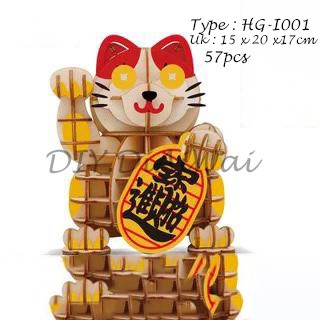 Puzzle 3D DIY bahan kayu model cai shen ye / dewa hokie, kucing sincia imlek puzzle edukasi anak