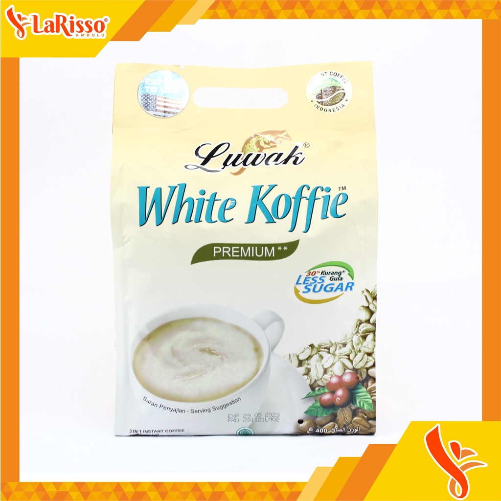 

KOPI LUWAK WHITE KOFFIE PREMIUM LESS SUGAR 400GR (20X20GR) BAG