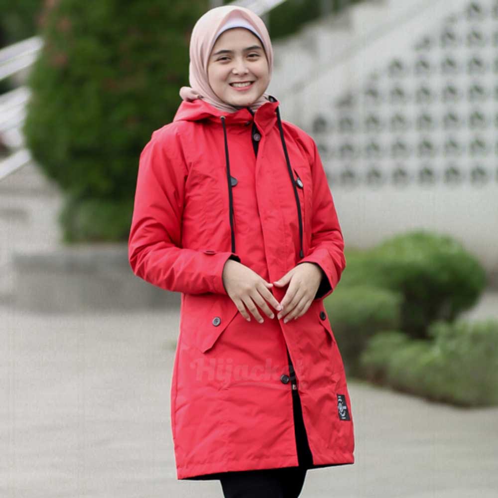 Jaket Jacket Parka Wanita Cewek Muslimah Hijaber Hoodie Hijaket Kekinian Terbaru Hijacket HJ Ixora-Merah