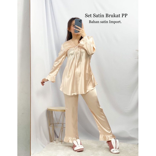 MDLV ~ Baju Tidur Set Satin Brukat PP Piyama Satin Dewasa Celana Panjang