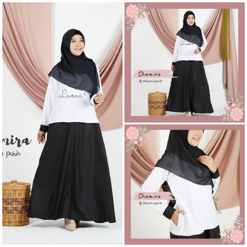 Shamira Dress Baju Gamis Hitam Putih Wanita Seragam DInas guru Pemda Hitam Putih Seragam Kantor Wani