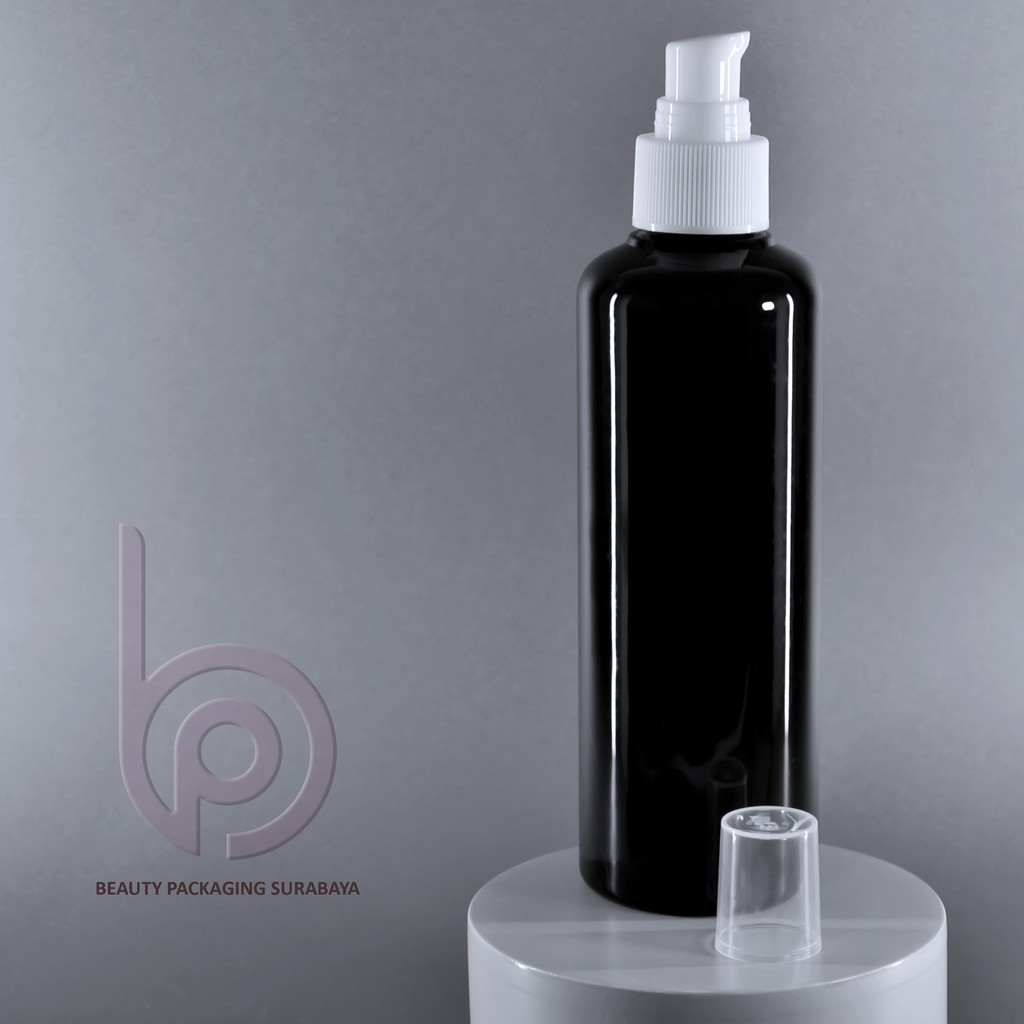 Botol Plastik PET 250ml BR Hitam Tutup Pump Treatment HC Putih