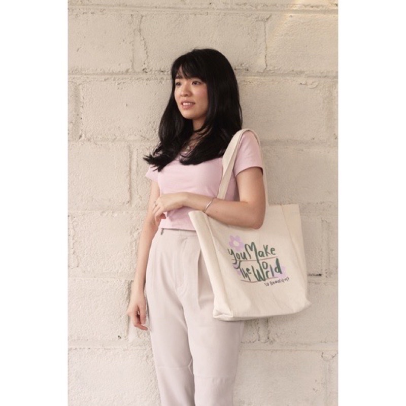 CUSTOM TOTEBAG KANVAS NCIT KOREA LUCU BEAR QUOTE MOTIVASI TAS LAPTOP TAS KERJA SERBA GUNA NCIT