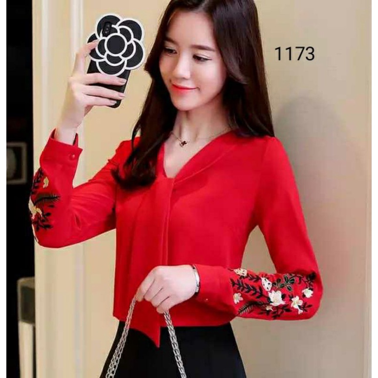 COD 1173 BLUS BORDIR BUNGA LENGAN PANJANG CANTIK FASHION WANITA GAYA KOREA