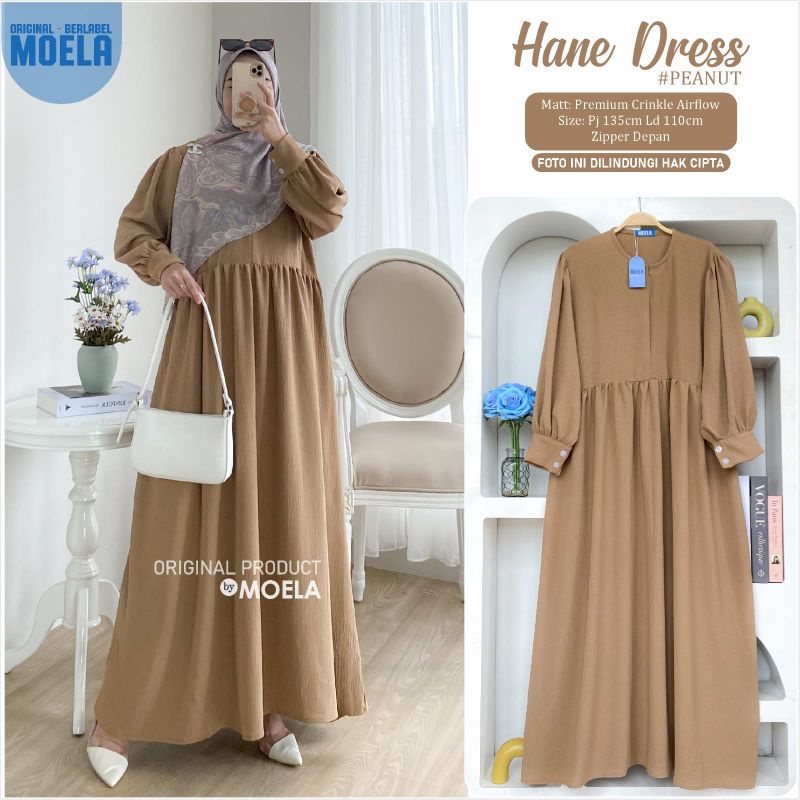 Aura Hane Dress Gamis Jumbo Polos Allsize Busui Premium Crinkle Airflow Original Ori Moela Berlabel-Hane peanut