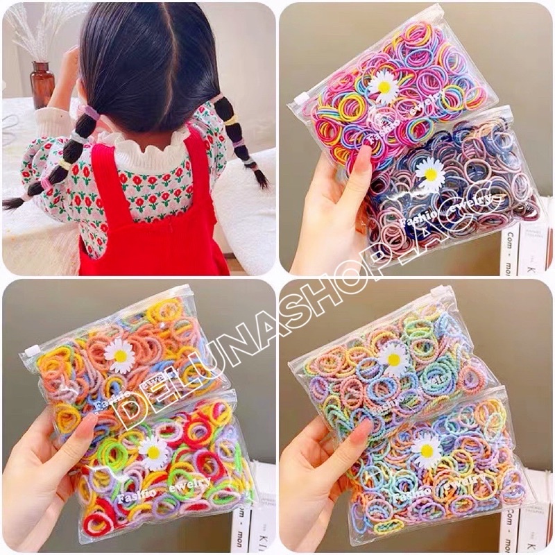 Delunashop IKAT RAMBUT KOREA 100PCS FREE POUCH Karet Warna Polos Gelang Tali Kunciran Aksesoris Anak Kuncir