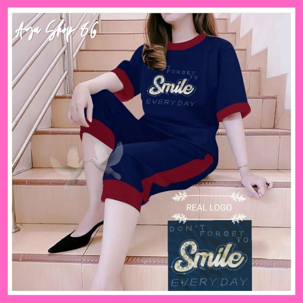 Baju Setelan Celana Wanita Jumbo LD 122 One Set Smile Atasan + Celana 7/8 Bouse Cewek Trend Kekinian