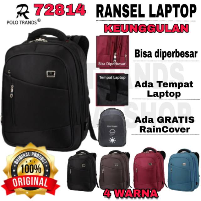Polo Trands 72814 [ORIGINAL BRANDED] Tas Ransel Laptop FREE Rain Cover Pria/Wanita