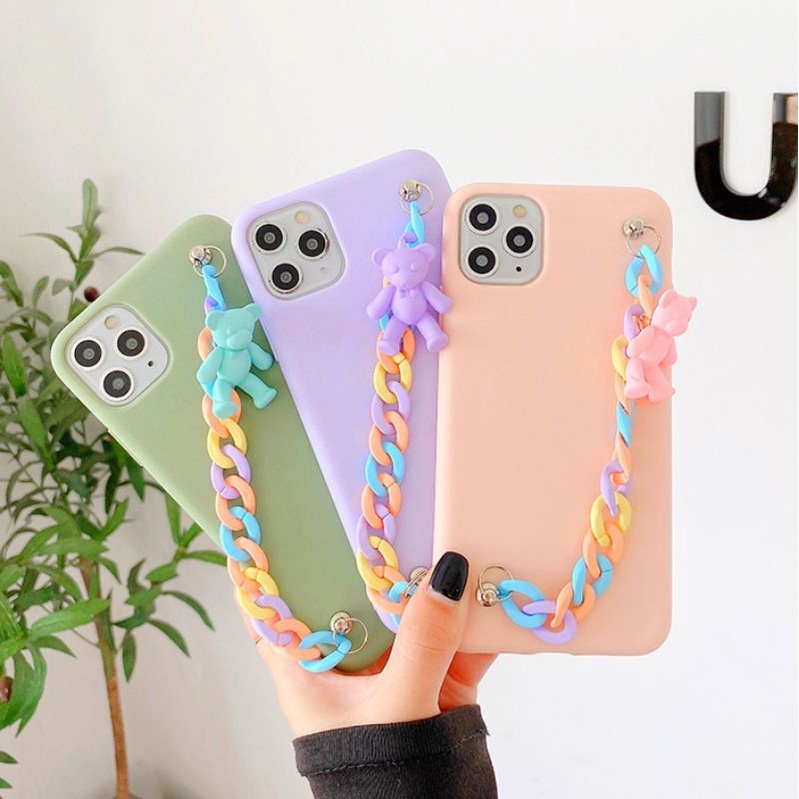 Soft Case IPHONE 11 / 11 Pro / 11 Pro Max Cute 3D Bear Chain Strap Casing Cover