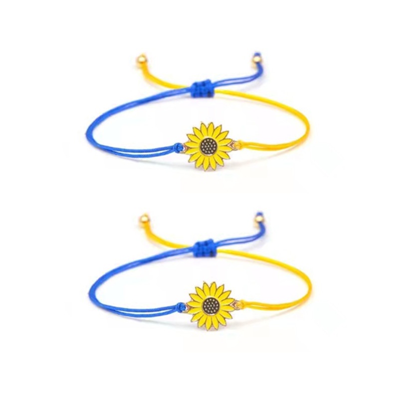 Gelang Persahabatan Tali Lilin Biru Kuning Kawat Alloy Hias Bunga Matahari Daisy