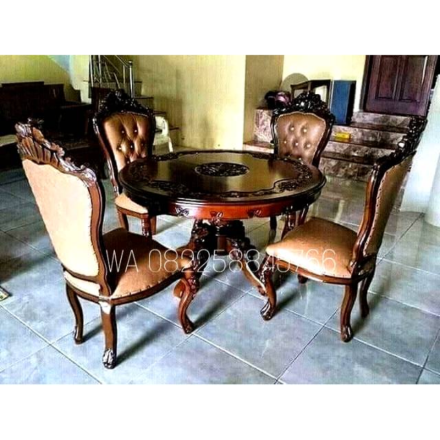 Meja Makan Kursi Busa Kayu Jati Ukir Asli Khas Dari Jepara, Meja Makan Bundar Mewah