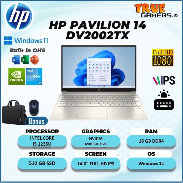 LAPTOP HP PAVILION 14 DV2002TX INTEL I5 1235U 16GB 512SSD MX550 2GB WIN 11+OHS 14.0FHD IPS BLIT GARANSI 2YR