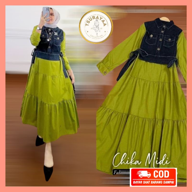 Chika Midi Dress Wanita Katun Twill Mix Rompi Jeans Original Products