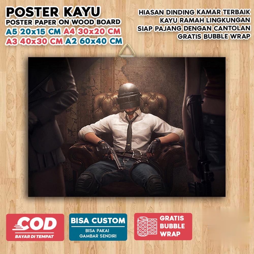 Poster Kayu PUBG Hiasan Dinding Tema Game Gaming PUBGM Popular Hiasan Dinding Poster Bingkai Foster 