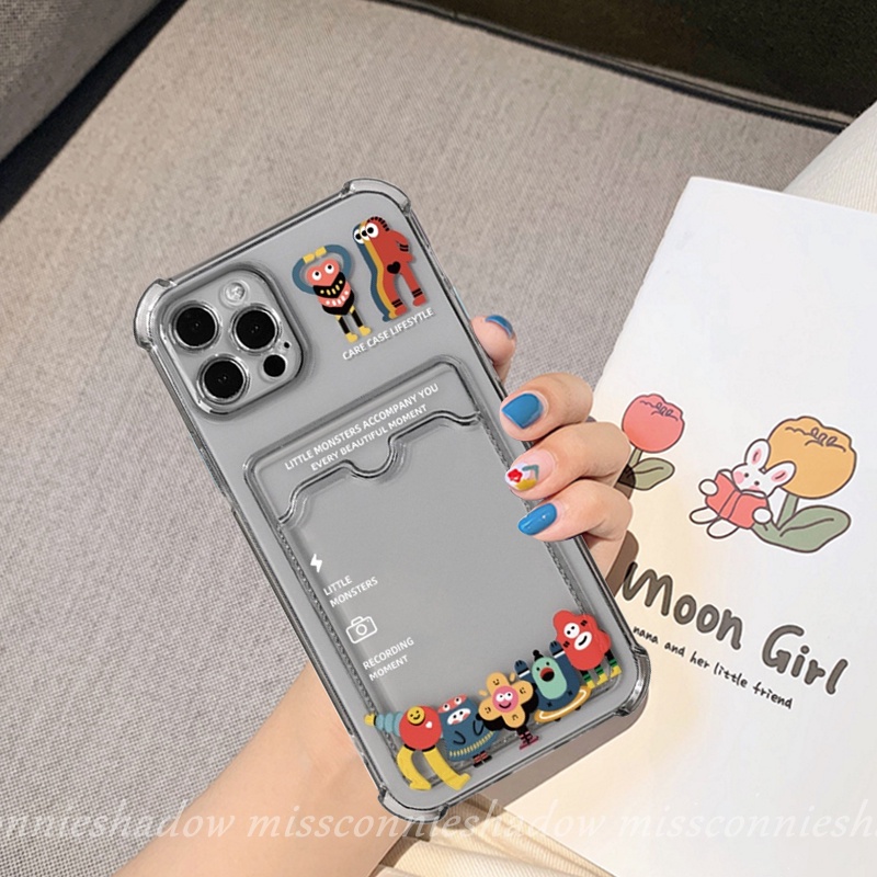 IPHONE Casing Dompet Tembus Card Holder Case Kompatibel Untuk Iphone6 6s 7 8 Plus 11 12 13 14 Pro Max SE 2020 XR X XS Max Cute Little Monster Card Holder Shockproof Phone Back Cover