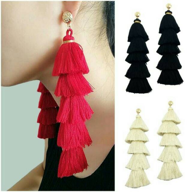 Anting tusuk korea tassel boho bohemian pesta korea impor lucu unik vintage merah pink hitam dior