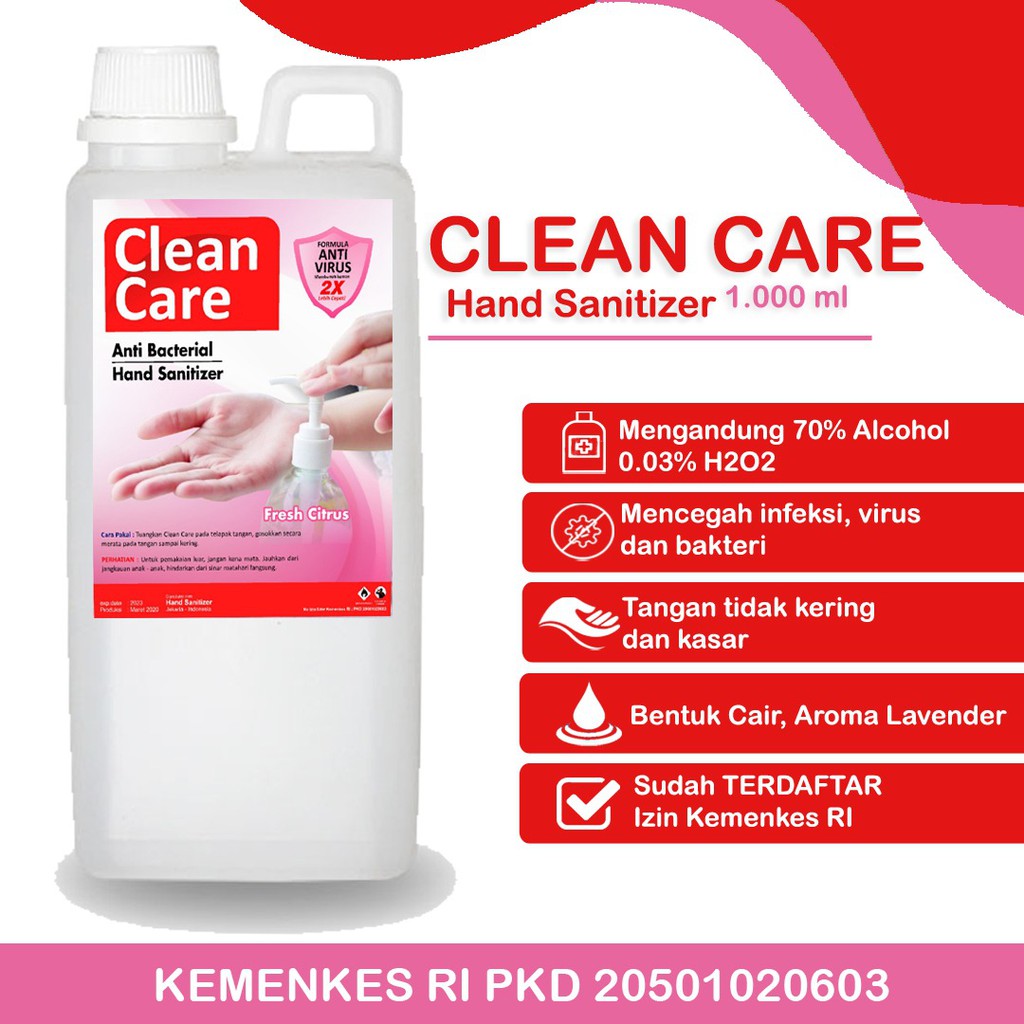 Clean Care / Cairan Hand Sanitizer 1000 ML / IZIN KEMENKES Hand Care / Antiseptic / Pencegah virus