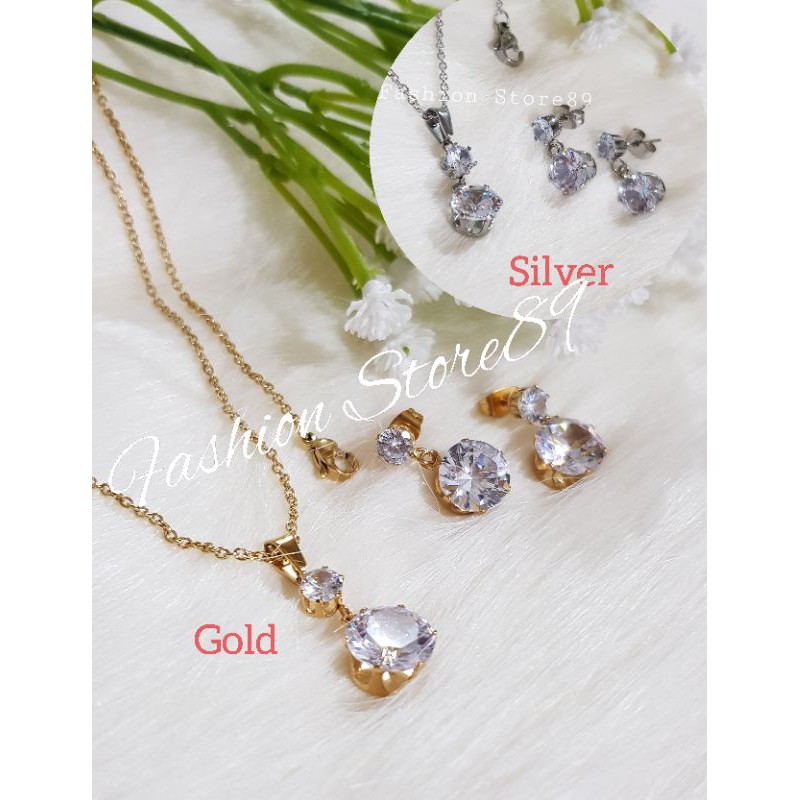 Ready Kalung Set titanium permata zircona titanium set kalung anting gold white import antikarat