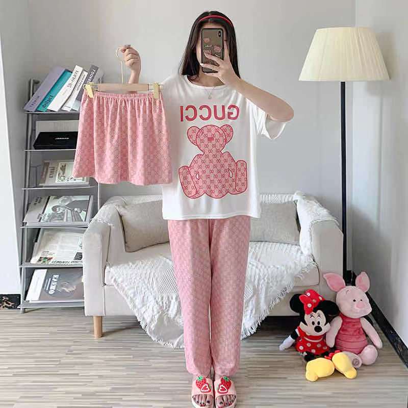 AJW Shop Piyama 3 in 1 | Piyama Lengan Pendek | Baju Tidur Impor | Baju Tidur 3in1-Bear Pink Gci