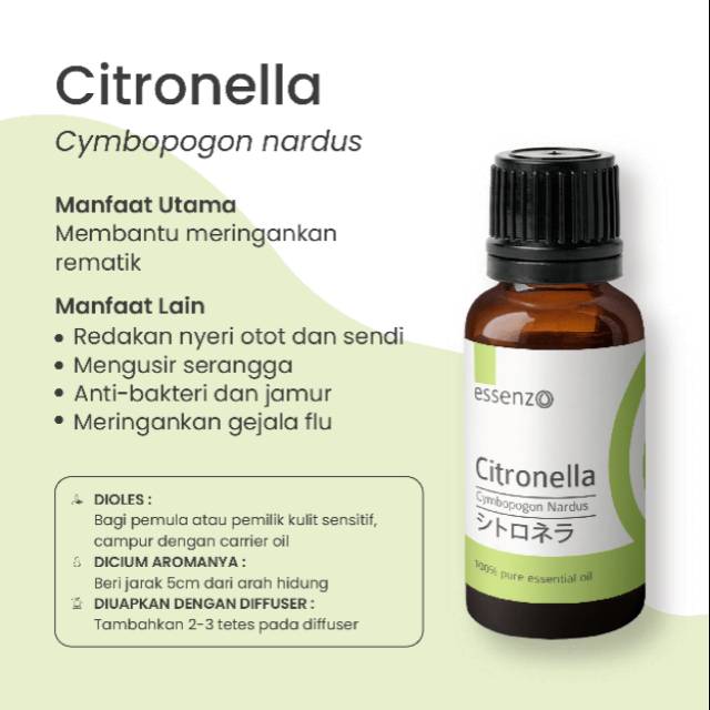 CITRONELLA,ESSENZO CITRONELLA,ESSENTIAL OIL,MINYAK ESENSIAL,AROMATHERAPI,SOLUSI REMATIK