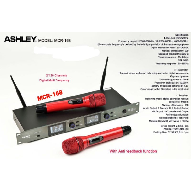 Mic Wireless Ashley MCR168/MCR168 Original anti feedback MCR168 Wireless Microphone