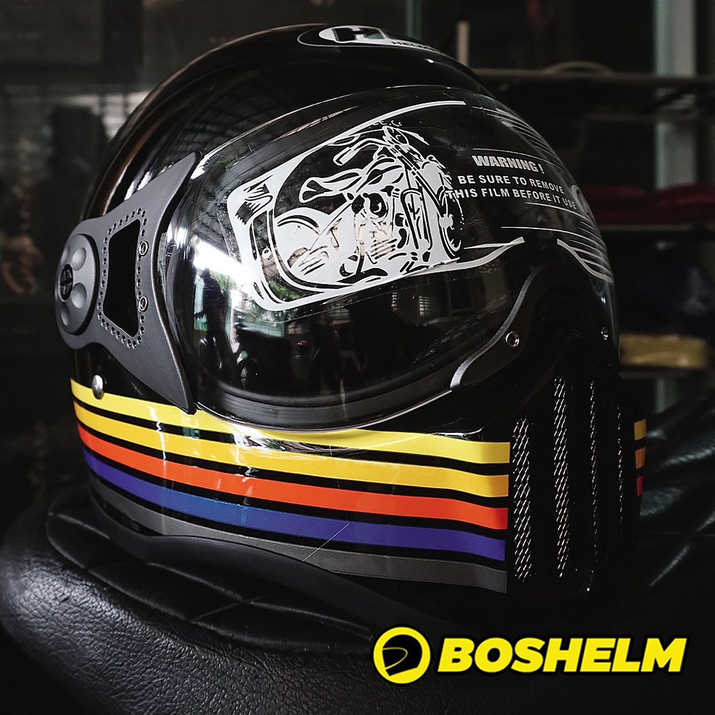 Jual BOSHELM Helm Cakil Pilot HBC STRIPE BLACK Helm Retro Full Face SNI